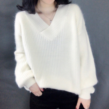 2019网红绵羊绒衫女秋冬针织v领毛衣宽松慵懒风套头百搭打底衫图3