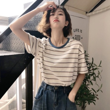 港味2020年夏季女装时尚一件代发学生条纹简约上衣韩版短袖t恤女图3