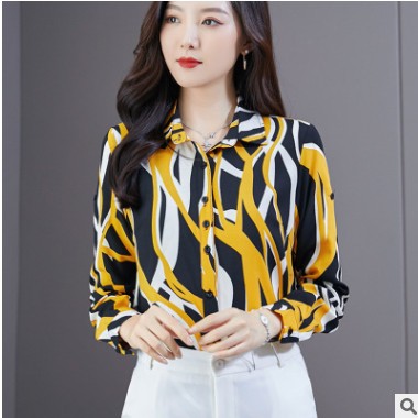 2055衬衫女新款大码设计感上衣胖mm遮肚子显瘦秋季雪纺碎花上衣图2