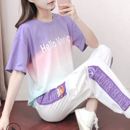 现货一件代发夏季运动套装女2021新款洋气渐变色T恤哈伦裤两件套图3