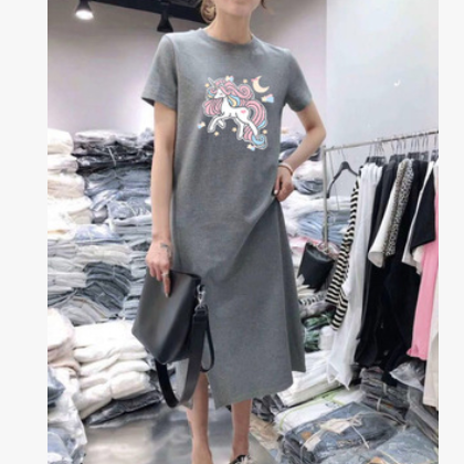 厂家直销可爱减龄宽松独角兽短袖女T恤裙卡通印花连衣裙子中长款图2