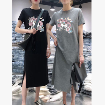 厂家直销可爱减龄宽松独角兽短袖女T恤裙卡通印花连衣裙子中长款图3
