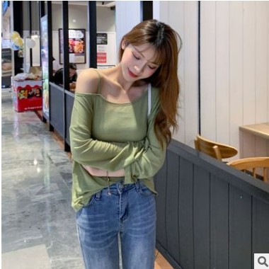 枫之缘春装女2021新款百搭基础款小心机露肩长袖宽松打底衫 T恤女图3