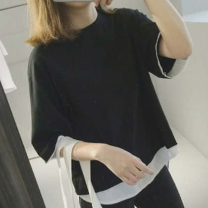 批发2021夏装新款韩版宽松拼接假两件短袖T恤女士上衣女装衣服女图2