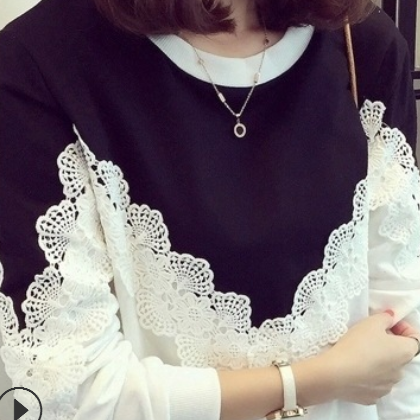 2019秋季新款女装蕾丝长袖宽松圆领大码胖MM百搭t恤卫衣打底衫女图1