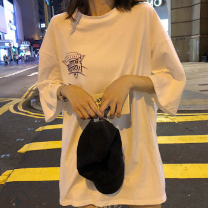 中长款短袖t恤女2020新款韩版百搭嘻哈hiphop少女上衣酷帅气街头图1