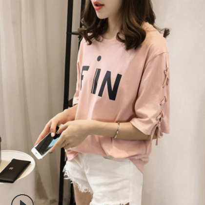 2020夏装韩版女体恤宽松绑带袖上衣半袖字母短袖t恤女200斤胖MM图2
