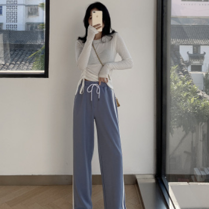 侧条纹阔腿裤女春装2020新款高腰裤子宽松直筒运动长裤休闲拖地裤图2