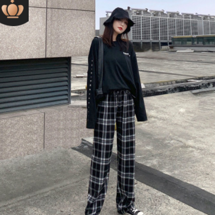 拖地裤2020高腰裤宽松百搭秋冬女装休闲裤格子加厚裤阔腿裤加绒裤图2