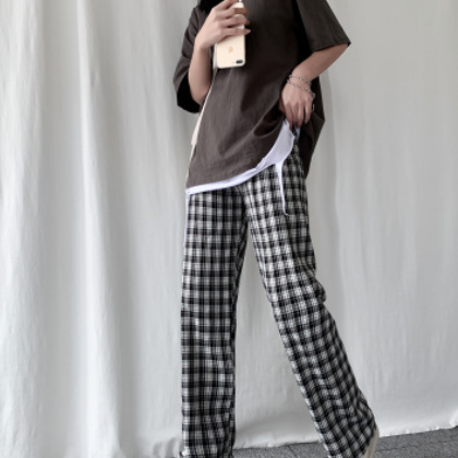 格子裤女宽松高腰裤子显瘦韩版2020新款春款直筒格纹休闲阔腿裤子图2