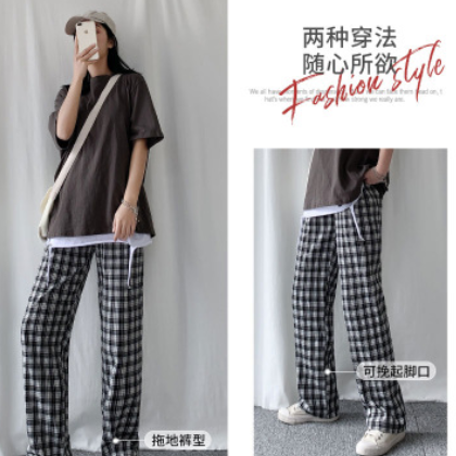 格子裤女宽松高腰裤子显瘦韩版2020新款春款直筒格纹休闲阔腿裤子图3