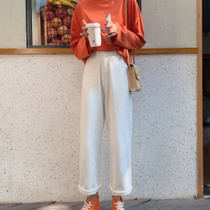 白色直筒裤女显瘦高腰宽松2020春季新款百搭牛仔裤九分休闲阔腿裤图3