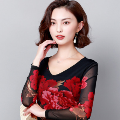 2019春秋新款印花薄款网纱打底衫T恤女长袖修身中年上衣洋气小衫图2