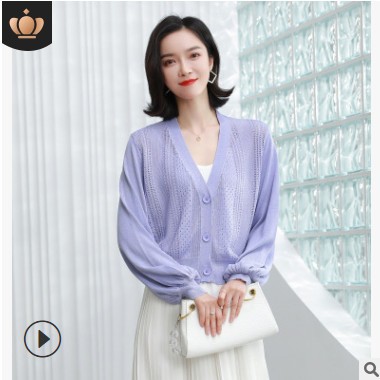 2021春季新款女装针织衫灯笼袖镂空开衫韩版气质薄款外套厂家批发图3