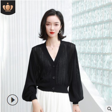 2021春季新款女装针织衫灯笼袖镂空开衫韩版气质薄款外套厂家批发图2