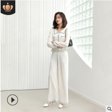 2021春季新款网红时尚套装女韩版气质白色两件套针织衫阔腿裤套装图1