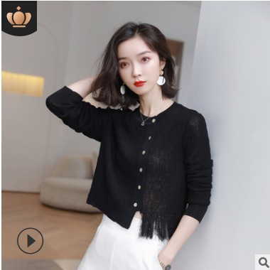 2021春季新款女装针织衫不规则流苏薄款外套韩版修身女士针织开衫图2