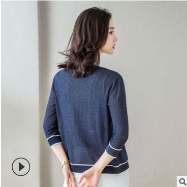 2021春装新款韩版针织开衫女装休闲撞色七分袖短款外套薄款防晒衫图3