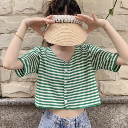短袖T恤显瘦条纹针织上衣女2020春夏季新款韩版网红洋气卡腰小衫图2