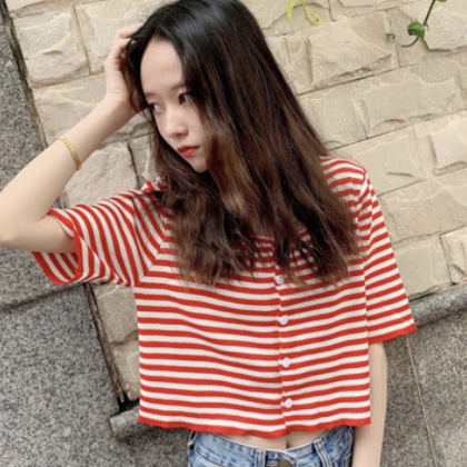 短袖T恤显瘦条纹针织上衣女2020春夏季新款韩版网红洋气卡腰小衫图3