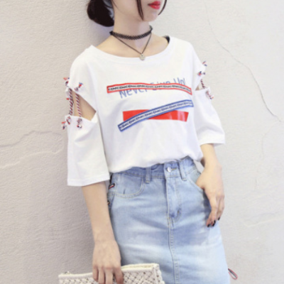 批发 2019夏季新款韩版绑带短袖T恤女宽松学生上衣女装 一件代发