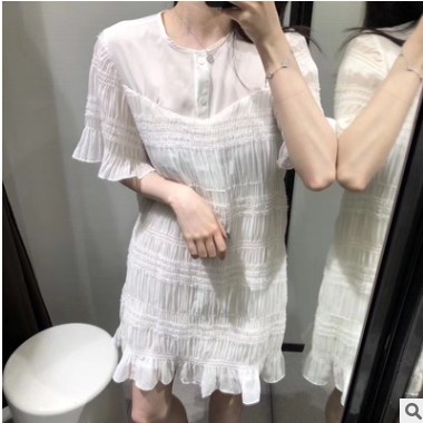 2020夏新品泰国潮牌法式甜美淑女气质重工压褶亮片雪纺连衣裙8784图1