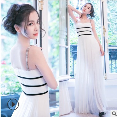 202夏baby杨颖同款烫钻压褶吊带连衣裙沙滩裙白色长裙礼服裙8380图2