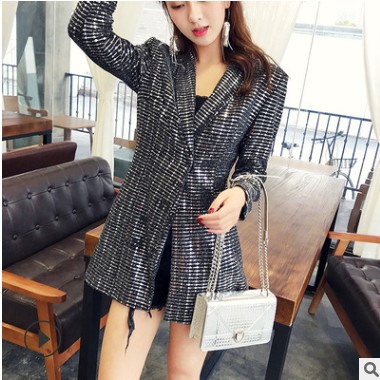 跨镜实拍2020秋韩版修身通勤闪亮银色连衣裙小西服西装外套女8282图1