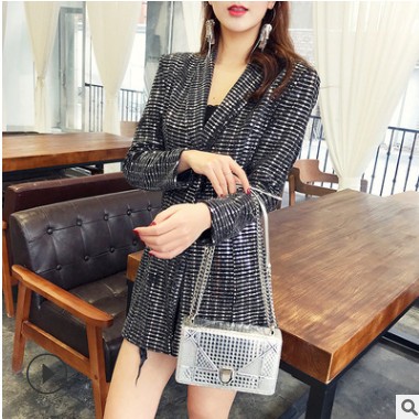 跨镜实拍2020秋韩版修身通勤闪亮银色连衣裙小西服西装外套女8282图2