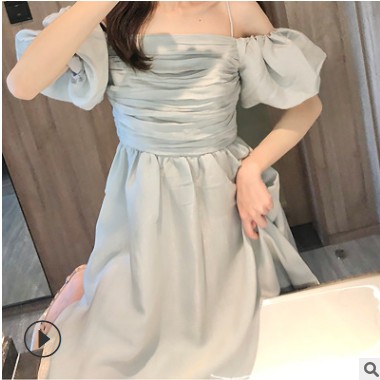 2020夏季新款欧洲轻奢女装薄荷花苞袖连衣裙高腰收褶中长裙女9180图3