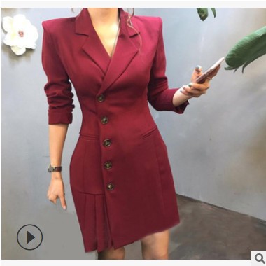 跨境女装小西装外套女中长款长袖连衣裙OL通勤修身显瘦百褶裙8651图3