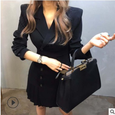 跨境女装小西装外套女中长款长袖连衣裙OL通勤修身显瘦百褶裙8651图2