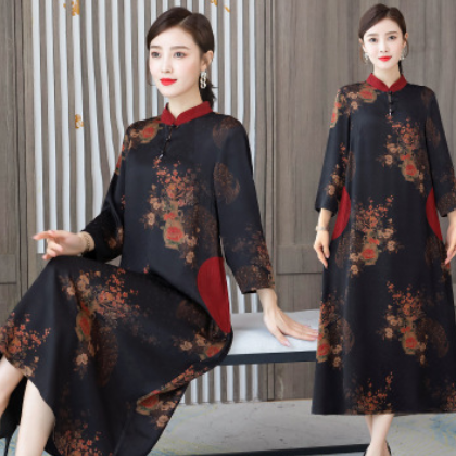 2020真丝香云纱复古连衣裙女大码立领高端印花中老年妈妈装蚕丝裙图1