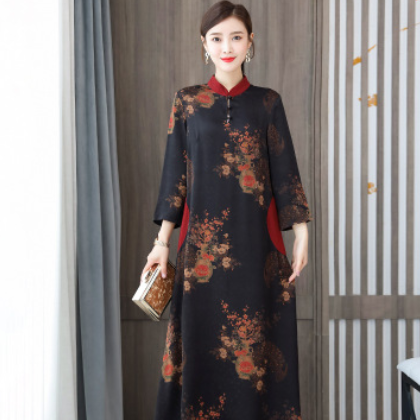 2020真丝香云纱复古连衣裙女大码立领高端印花中老年妈妈装蚕丝裙图2