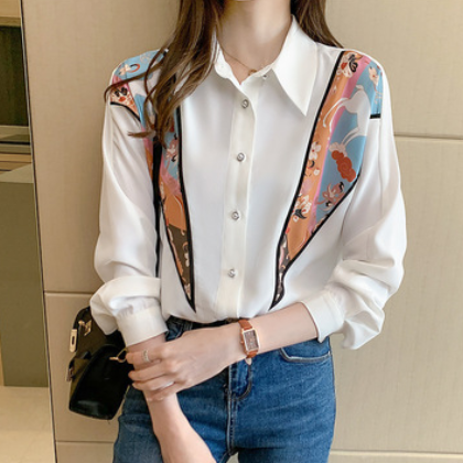 2021春装新款韩版百搭印花宽松休闲长袖衬衫女上衣春图1