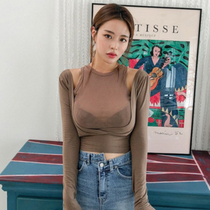 热销 韩国 2020春秋新款 性感微透假两件长袖T恤女装图2