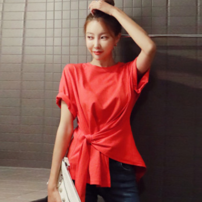 短袖t恤女2020新款韩国红色上衣斜边不规则半袖白色体恤纯棉夏装
