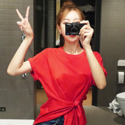 短袖t恤女2020新款韩国红色上衣斜边不规则半袖白色体恤纯棉夏装图3