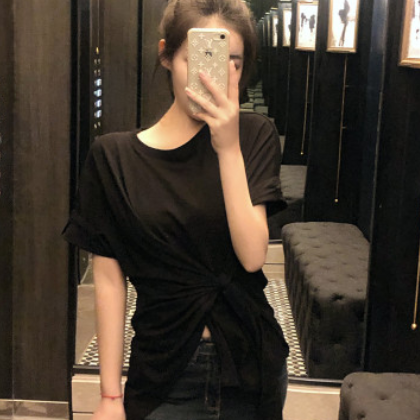 短袖t恤女2020新款韩国红色上衣斜边不规则半袖白色体恤纯棉夏装图1