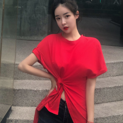 短袖t恤女2020新款韩国红色上衣斜边不规则半袖白色体恤纯棉夏装图3