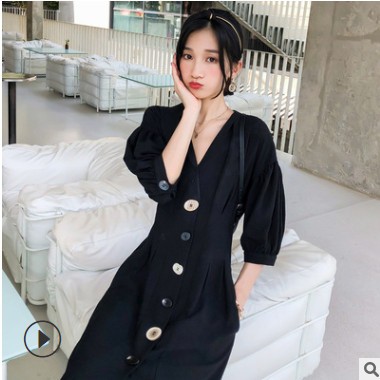詹妮优韩国东大门女装新款法式复古赫本风连衣裙夏收腰显瘦小黑裙图2