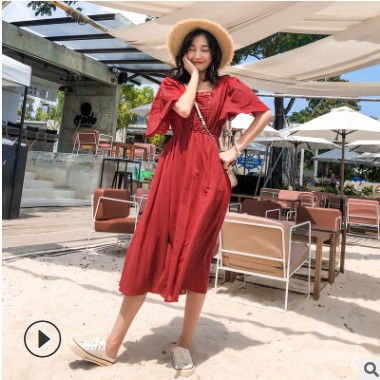詹妮优 韩国东大门女装韩版春装连衣裙红色气质度假棉麻裙子夏图3