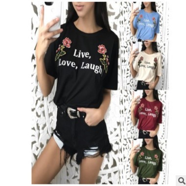 跨境2019春季Wish新款圆领T恤女装 ebay印玫瑰花字母上衣 T恤现货图2