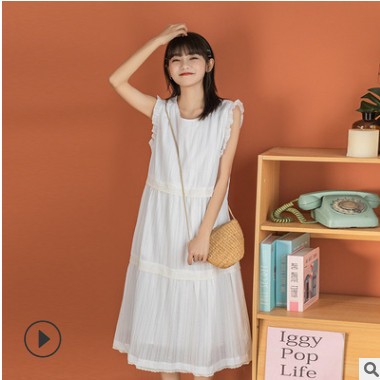 2021春夏新款小清新甜美圆领白色无袖连衣裙女中长款宽松显瘦长裙图2