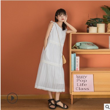 2021春夏新款小清新甜美圆领白色无袖连衣裙女中长款宽松显瘦长裙图1