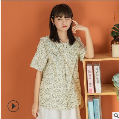 2021春夏新款日系小清新甜美娃娃领碎花棉衬衫女短袖衬衣宽松女装图1