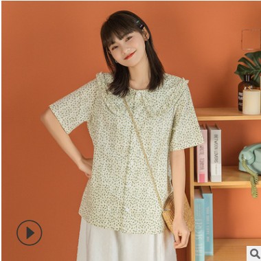2021春夏新款日系小清新甜美娃娃领碎花棉衬衫女短袖衬衣宽松女装图3