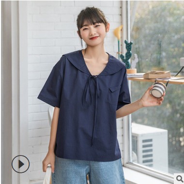 2021春夏新款自制日系海军领短袖套头T恤女宽松V领系带设计感女装图3
