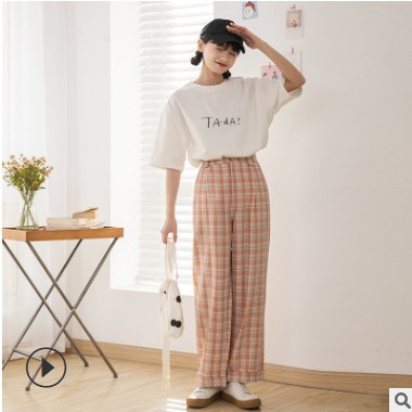 2021新款春夏学院格子休闲裤阔腿裤直筒长裤女装批发高腰显瘦裤子图2