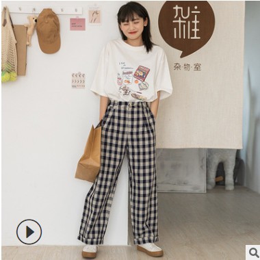 2021新款春夏学院格子休闲裤阔腿裤直筒长裤女装批发高腰显瘦裤子图1